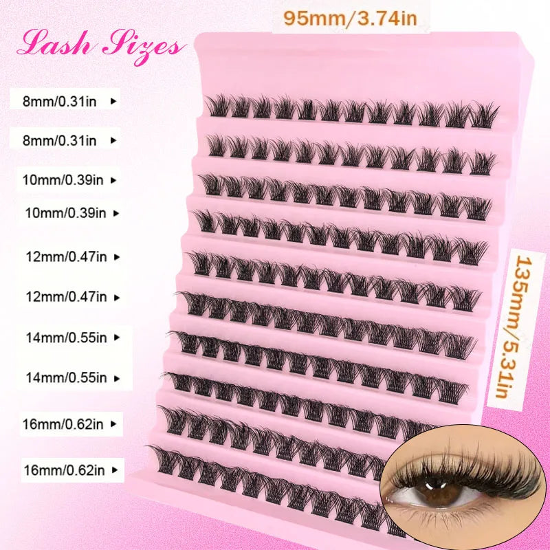 Plateau en plastique rose affichant différentes tailles de faux cils noirs pour extensions DIY.