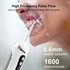 A close-up of a person using a white oral irrigator to clean deep within the gums, showing a water column and flow.