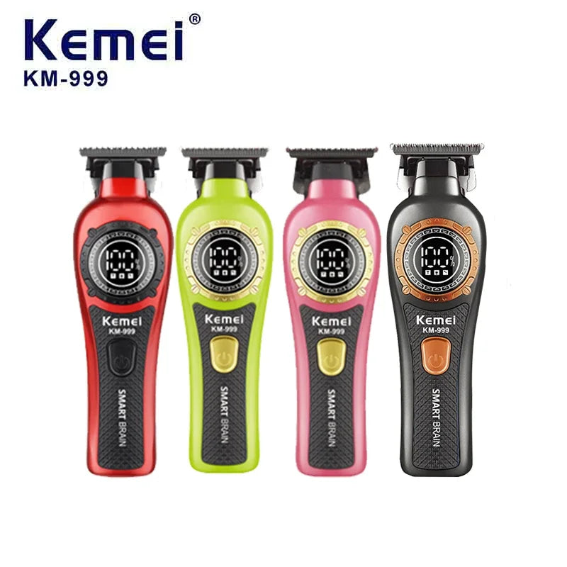 Four Kemel KM-999 cordless electric hair clippers in red, green, pink, and black.