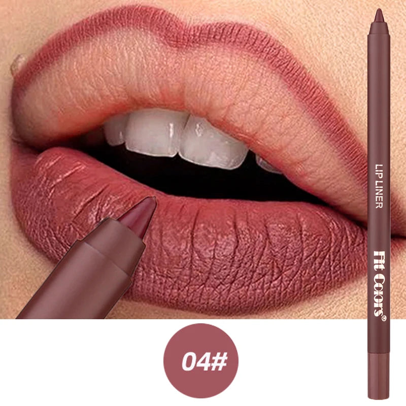 A close-up of a pink matte lip liner pencil in shade 04, shown next to a model's lips.
