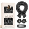 A box containing a velvet heatless hair curler, a bow, and two hair curlers for natural morning curls.