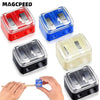 A collection of colorful dual pencil sharpeners for cosmetics and art supplies, including red, blue, and clear containers.