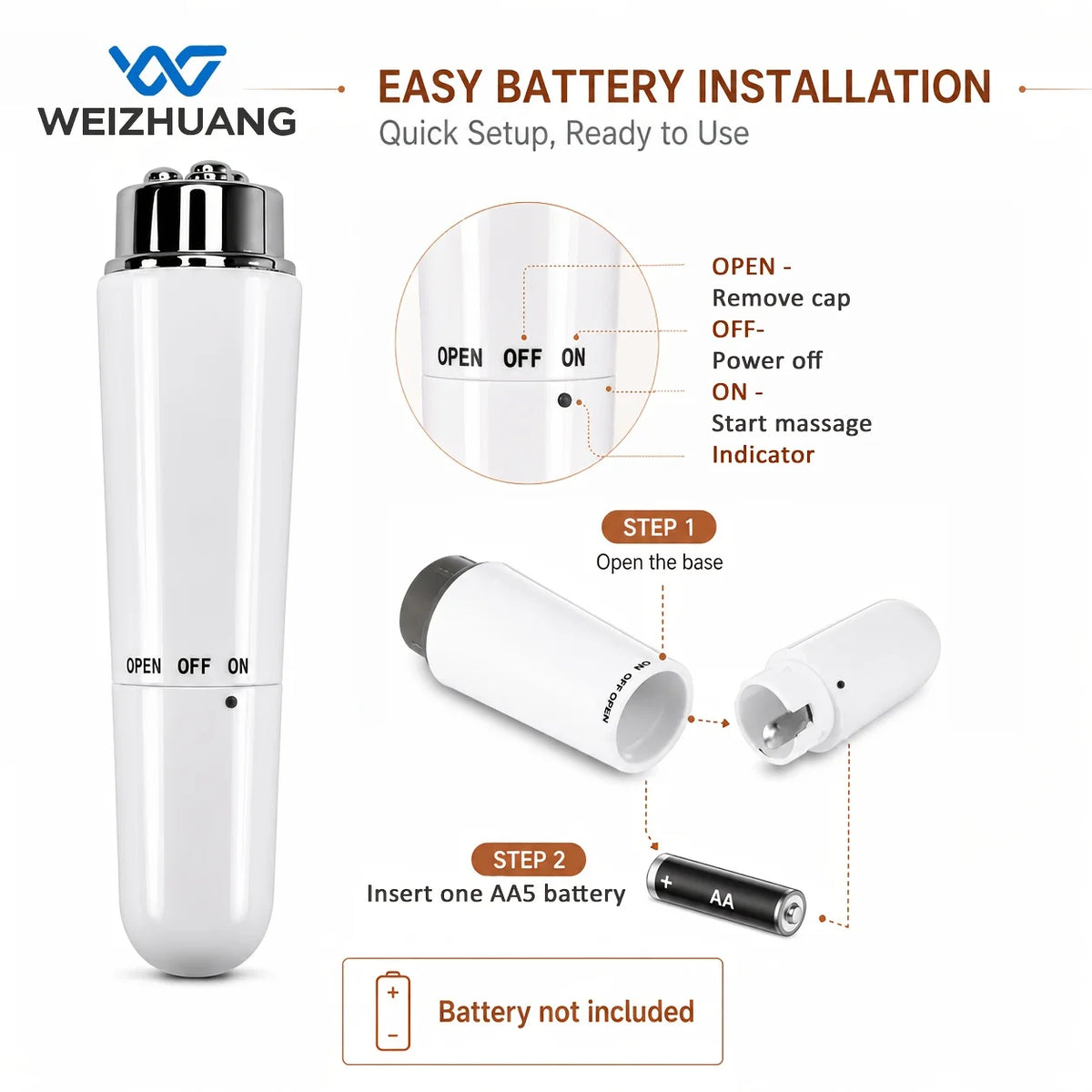 White multi-function facial and eye massager device shown with installation steps.