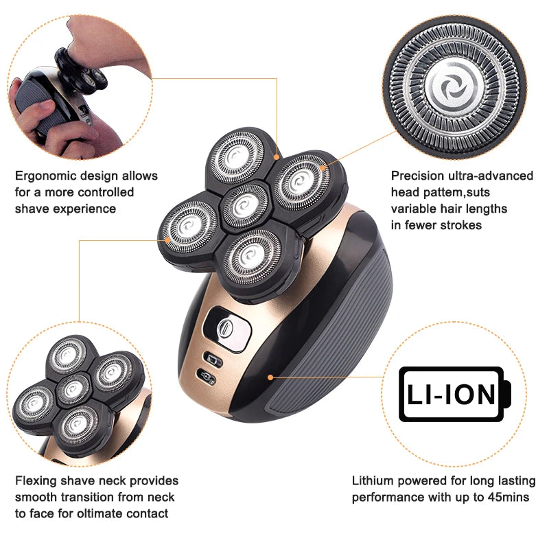 Nahaufnahme eines schwarzen Elektroschlägers mit fünf rotierenden Klingen, der ergonomische Design und Batteriedetails zeigt.