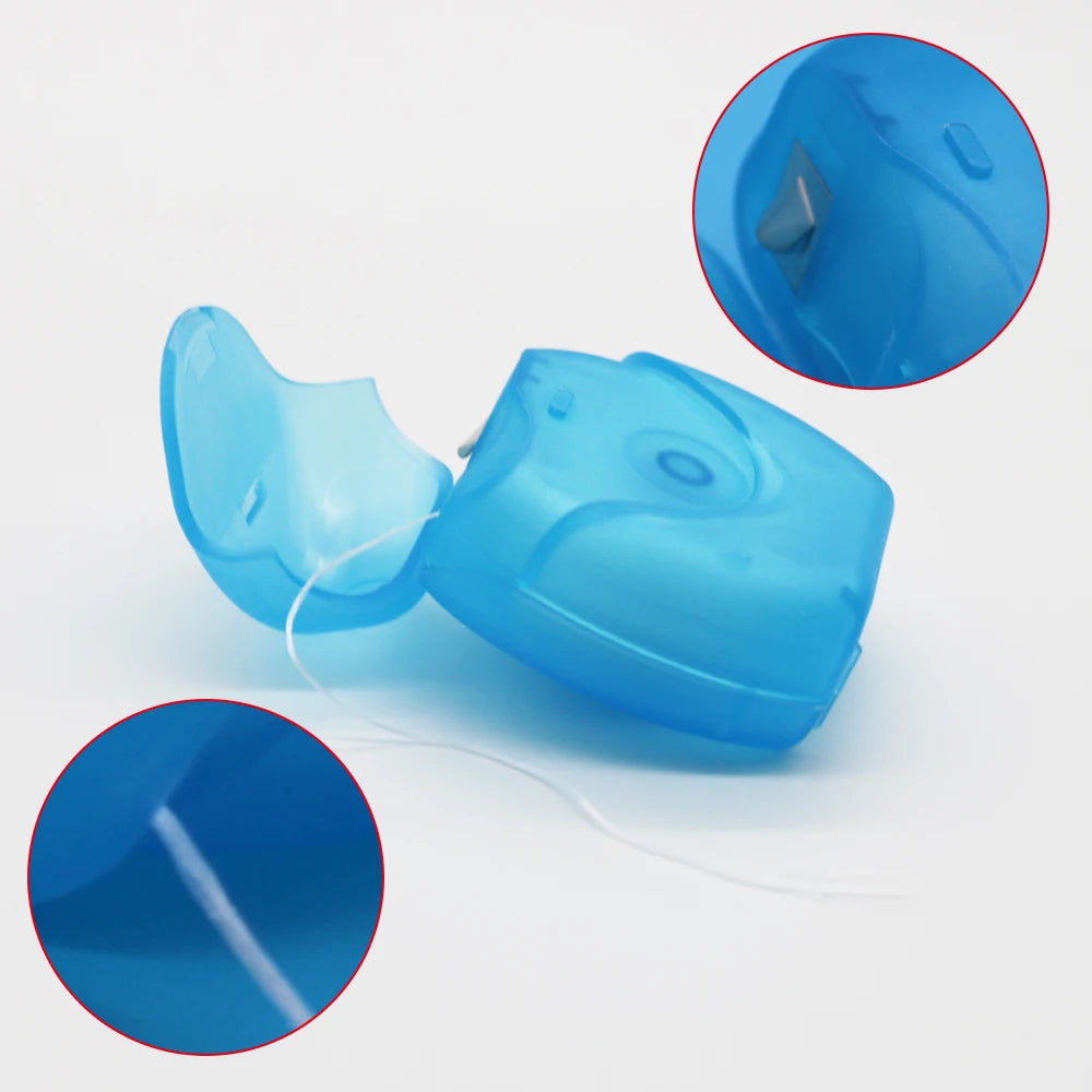 A translucent blue reusable dental floss threader tool with a white string, shown in various angles.