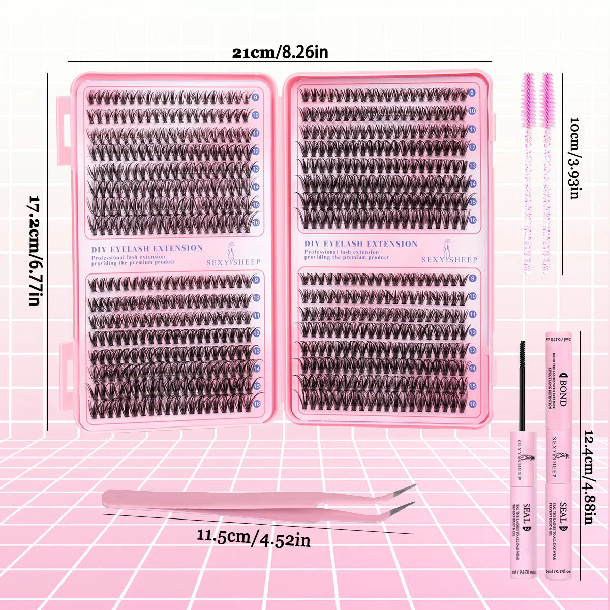 A pink DIY eyelash extension kit showing various lash clusters and tools for application.