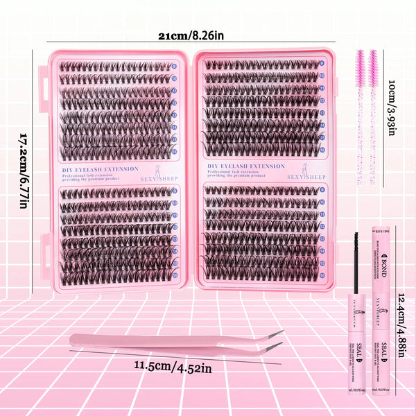 A pink DIY eyelash extension kit showing various lash clusters and tools for application.