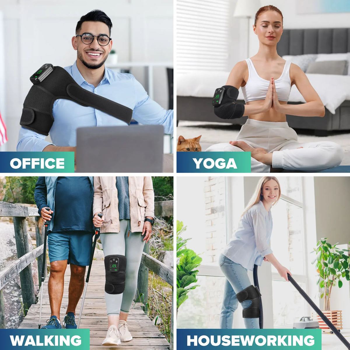 Collage von Menschen, die eine verstellbare Heiz-Knie- und Schultermassage in Büro, Yoga, beim Spaziergang und bei Hausarbeit