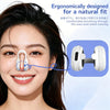 Close-up of a woman applying an electric silicone nose shaper and lifter device to her nose.