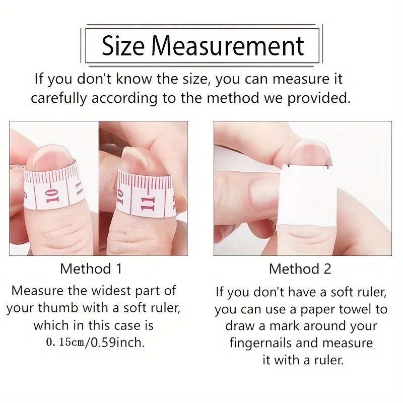 Instructions for size measurement methods 1 and 2 using a ruler or paper towel.