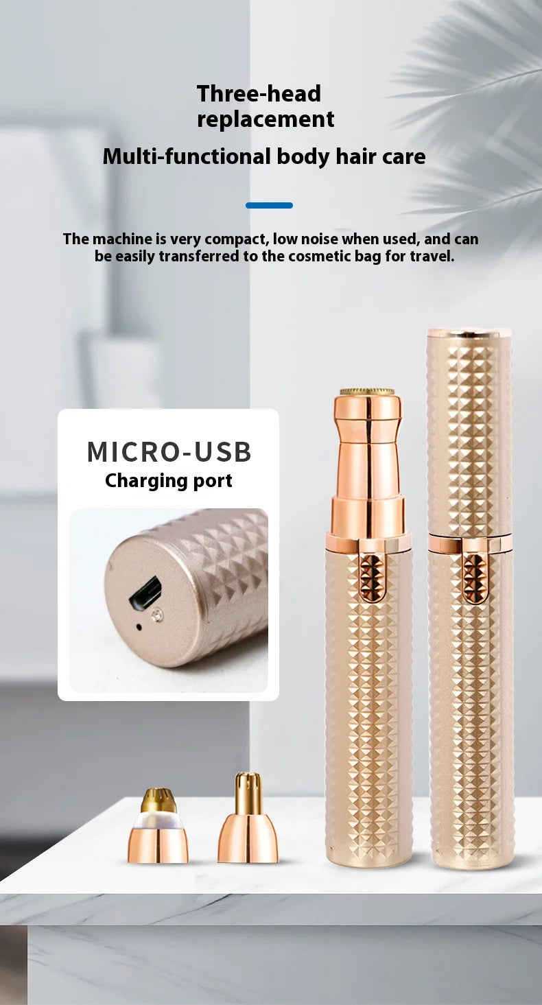 A set of three gold-colored hair removal devices, including a main unit and two replacement heads, displayed on a white surfa