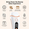 A white IPL laser hair removal epilator device with an orange accent, shown next to warranty and usage information.