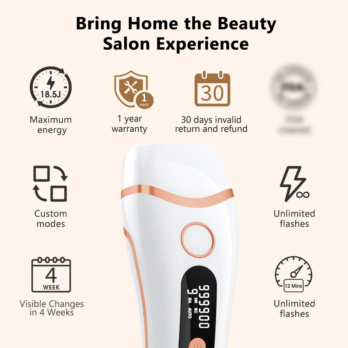 A white IPL laser hair removal epilator device with an orange accent, shown next to warranty and usage information.