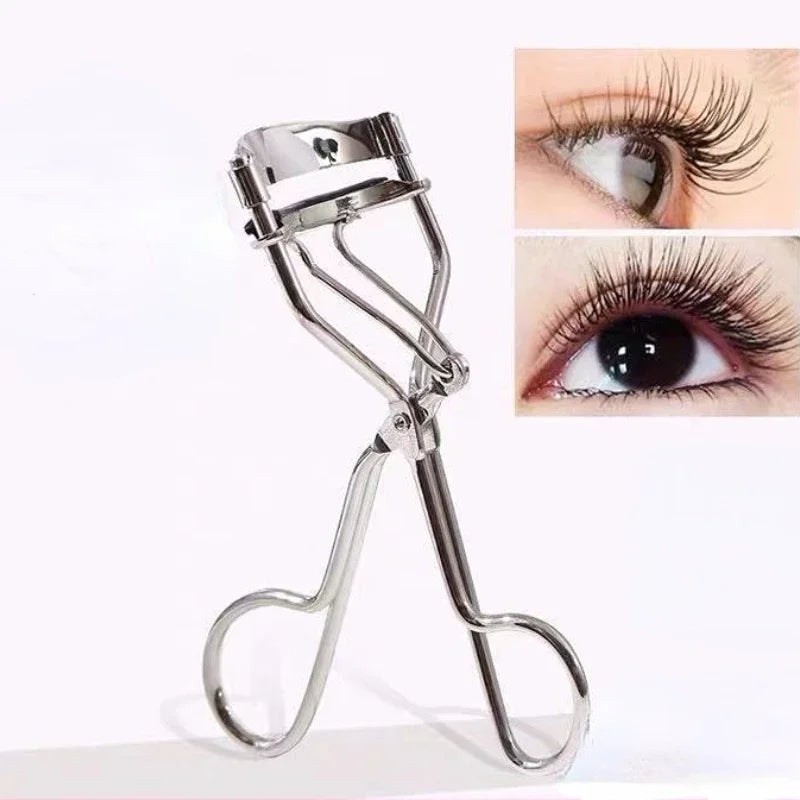 A silver professional eyelash curler tool shown with a close-up of curled eyelashes.