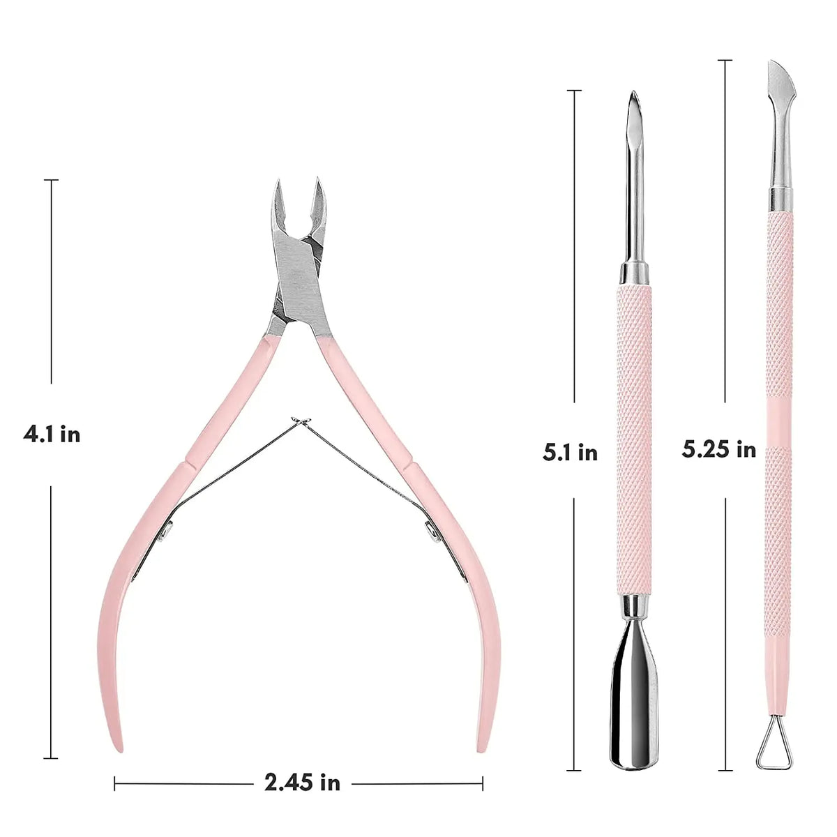 Un ensemble de ciseaux à cuticules en acier inoxydable rose et argent avec différentes tailles.