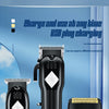 A set of three professional electric grooming tools including a hair clipper, oil scissors, and shaver displayed against a li
