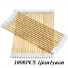 A fan arrangement of 1000 precision wooden cotton swabs with white tips.
