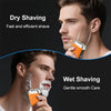 A man is shown using a dual-head electric shaver for dry and wet shaving techniques.