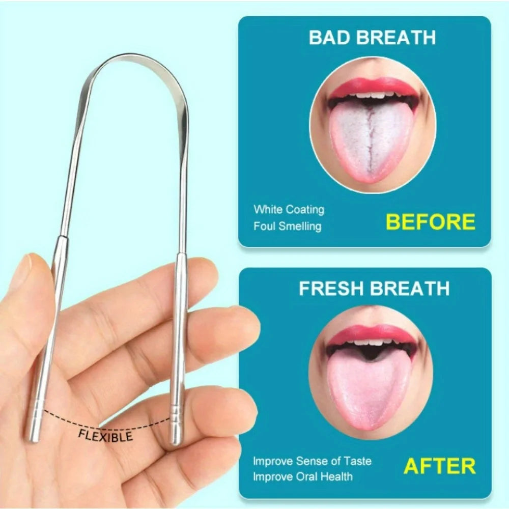Stainless steel U-shaped tongue scraper demonstrating before and after results for fresh breath