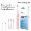 White packing box for a sonic vibration toothbrush with 4 brush heads and 5 gear adjustments