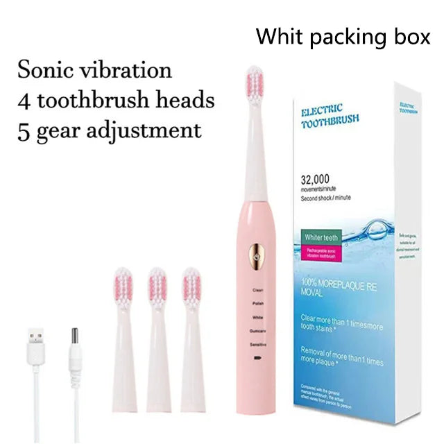 White packing box for a sonic vibration toothbrush with 4 brush heads and 5 gear adjustments