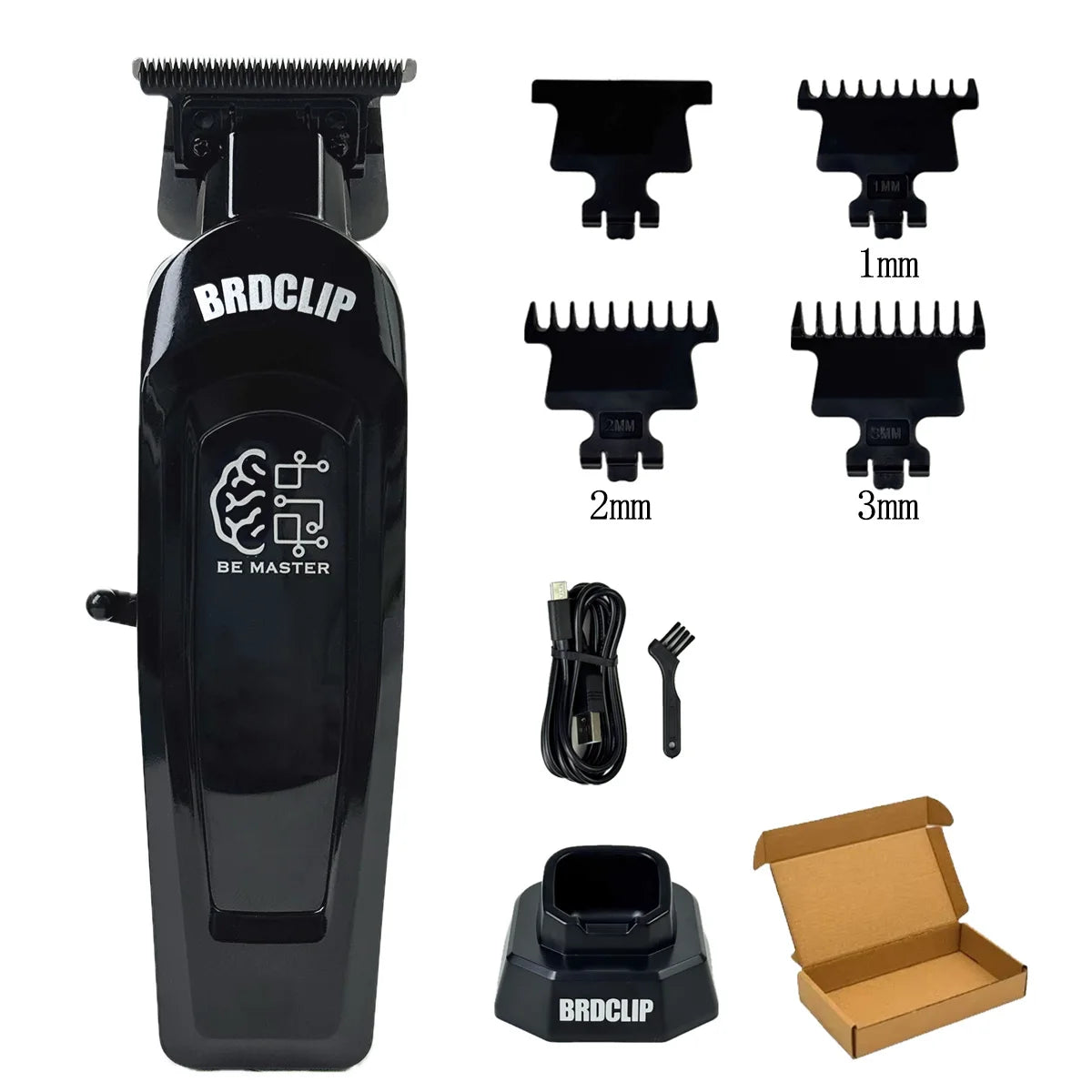 A black electric hair clipper with various guard attachments and accessories for trimming.