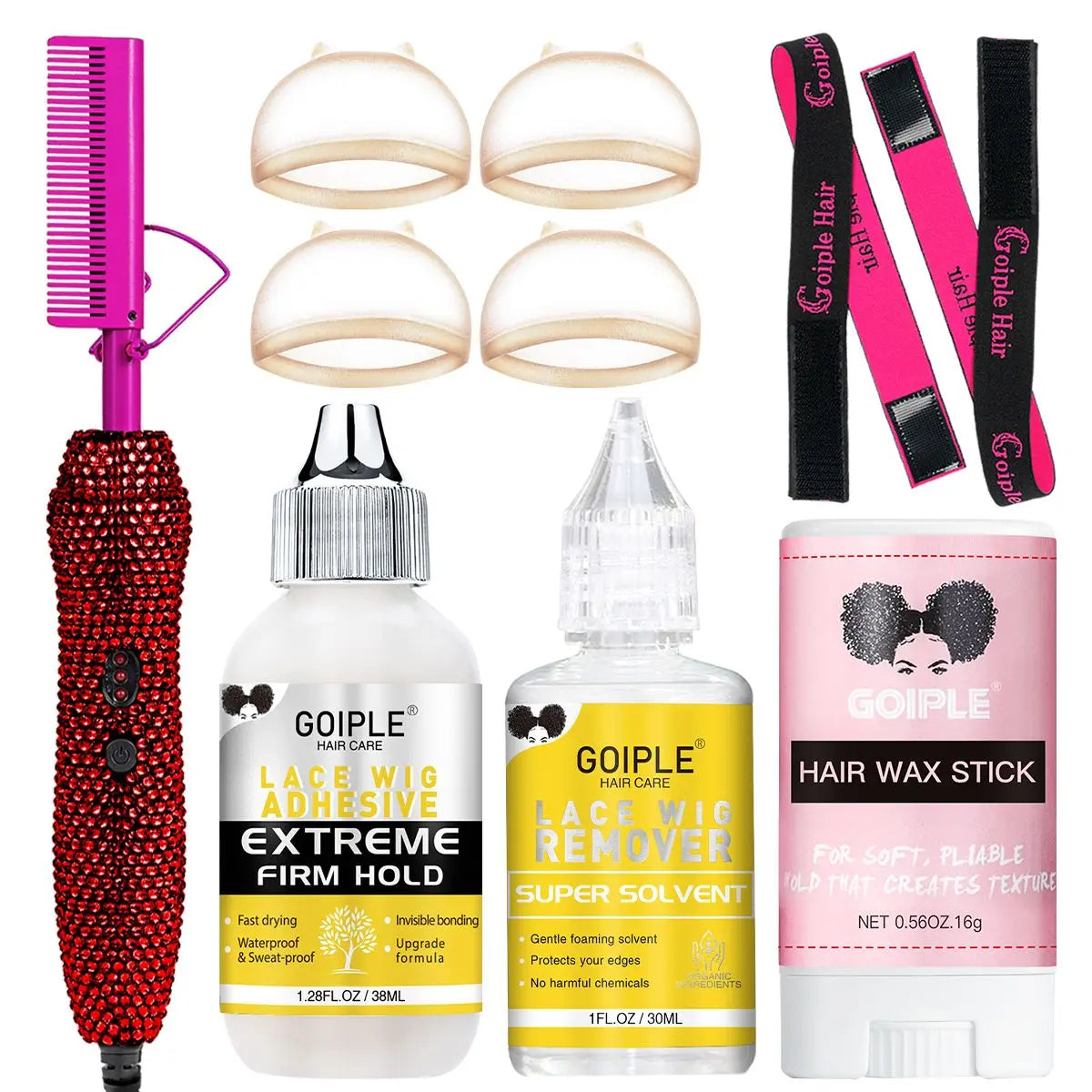 A collection of Goiple hair products including a hot comb, adhesive, and wax stick.