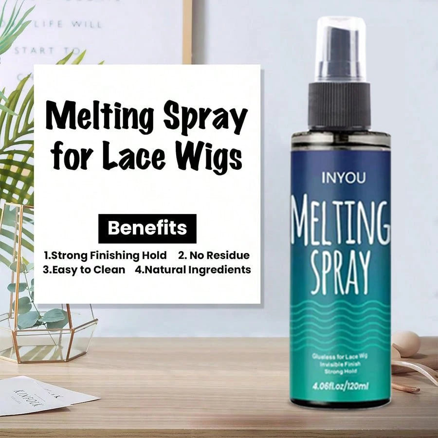 A bottle of Melting Spray for Lace Wigs with a white label listing benefits like strong finishing hold and natural ingredient