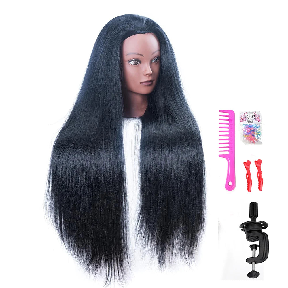 A professional cosmetology mannequin head with long, straight black hair and a pink comb.