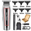 A silver electric hair clipper with various guard attachments and accessories for grooming.