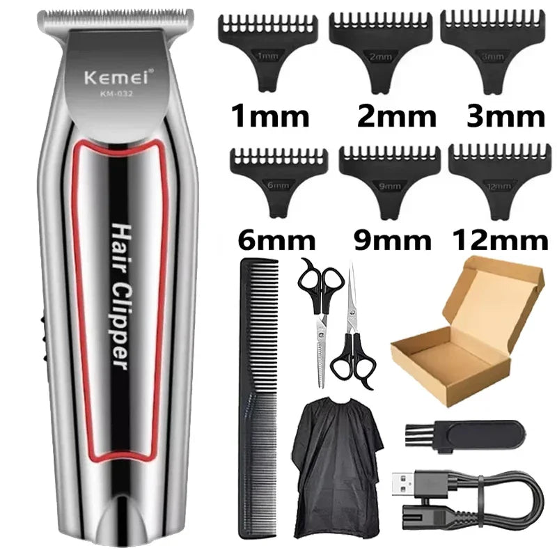 A silver electric hair clipper with various guard attachments and accessories for grooming.