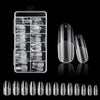 A collection of frosted French false nails in various natural finishes displayed in a clear plastic container.