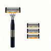 A black safety razor with an orange blade is shown against a white background.