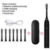 A set of an electric toothbrush, including the body, charging cable, brush heads, and travel box.