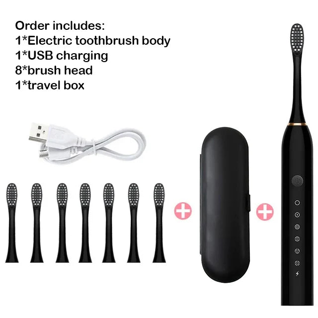 A set of an electric toothbrush, including the body, charging cable, brush heads, and a travel box.