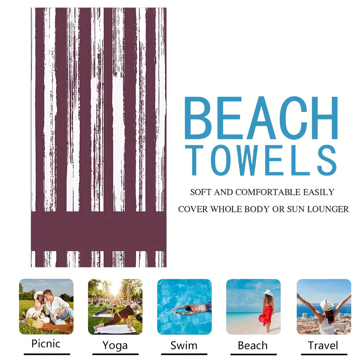 Un juego de toallas de playa a rayas granate y blanco con el texto BEACH TOWELS
