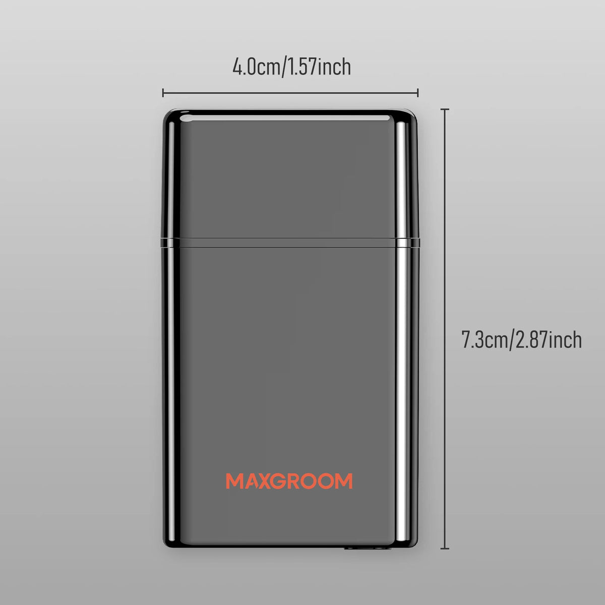 A sleek, gray electric shaver with a rectangular design and the brand name MAXGROOM visible on the front.