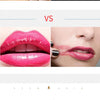 Comparison of disposable lip brushes and a close-up of pink lipstick application on lips.