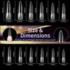 Darstellung von 12 Größen von Press-on-Gel-Nägeln in Stiletto-Form, mit verschiedenen Maßen von 14,10 mm bis 6,80 mm.