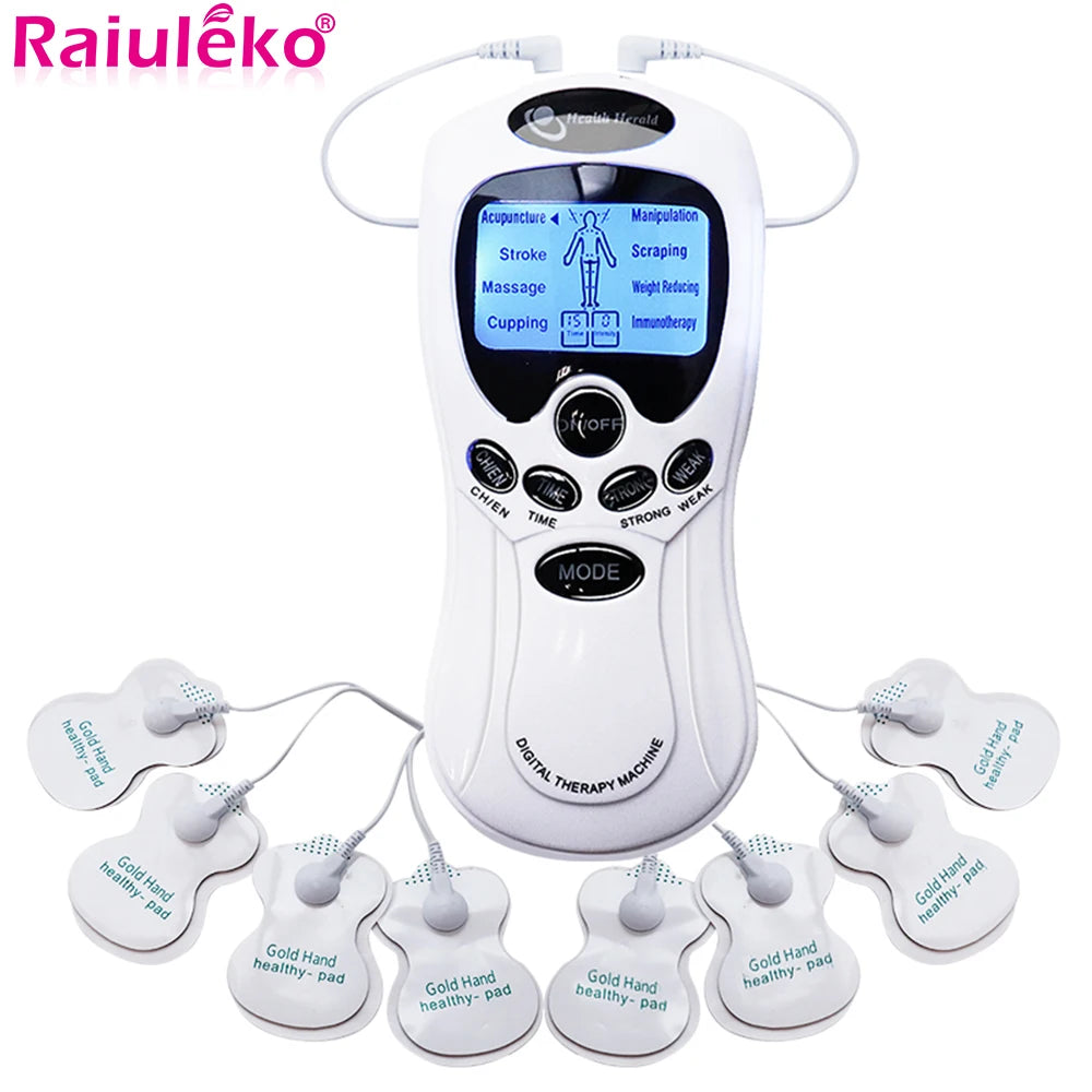 A white digital therapy machine with various hand pads and accessories for muscle stimulation.