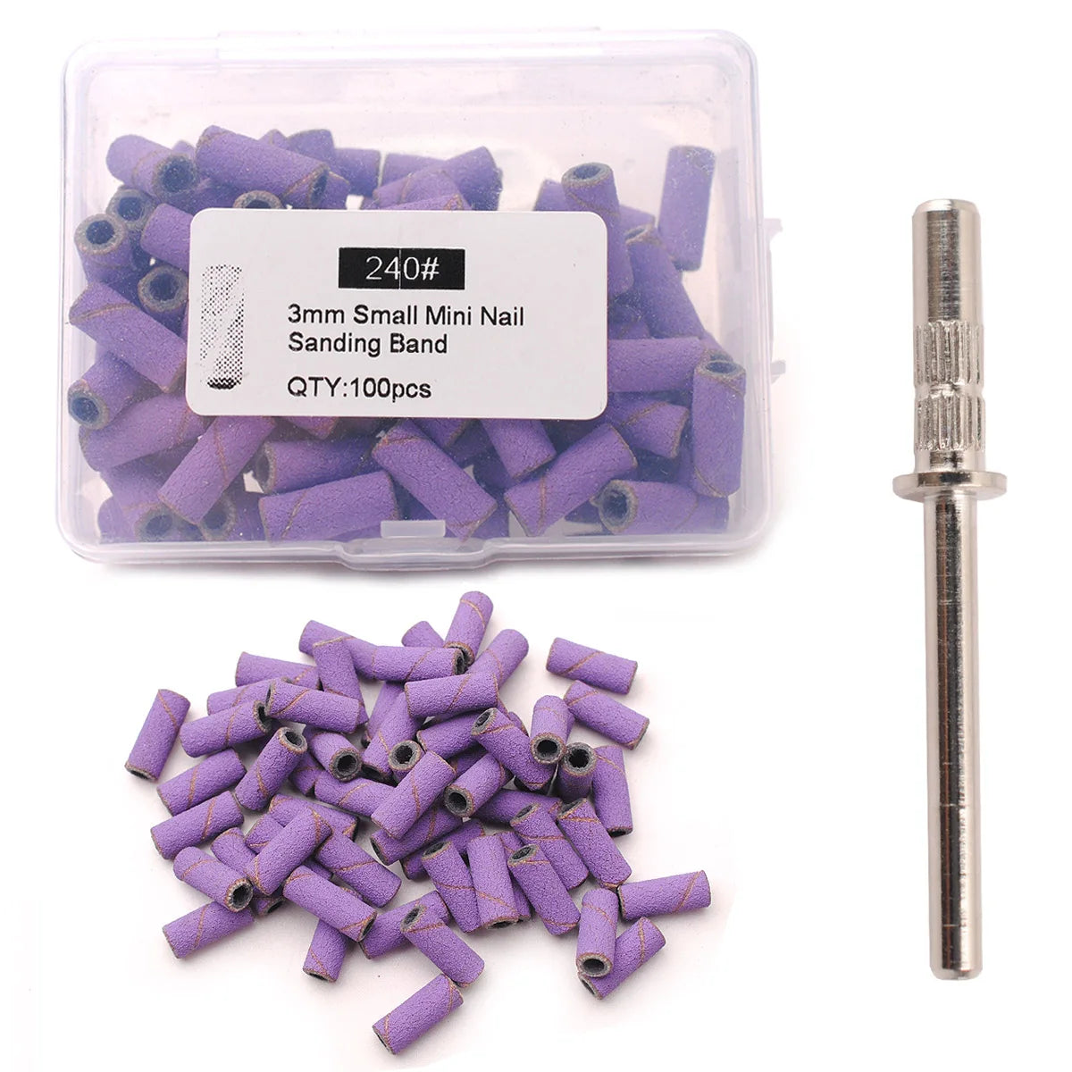 A clear plastic container holds purple 3mm small mini nail sanding bands and a metal nail drill.