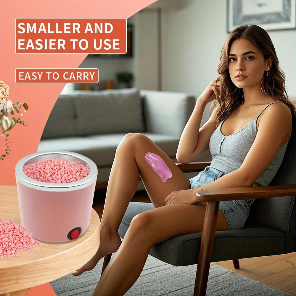A woman is sitting on a couch holding a pink hair removal wax melting set.