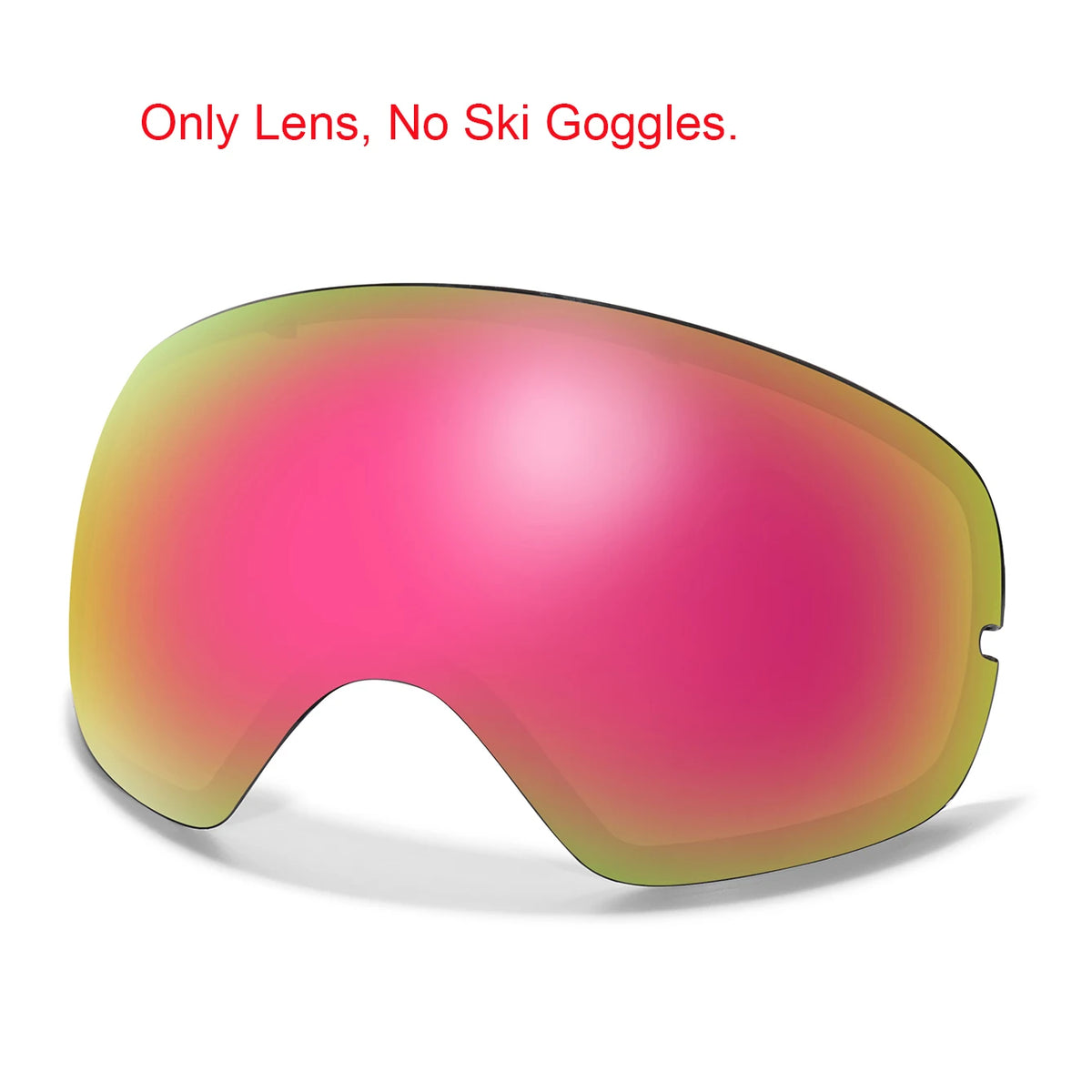 A pink-tinted lens is shown on a pair of sports goggles, emphasizing that it is only a lens and not full goggles.