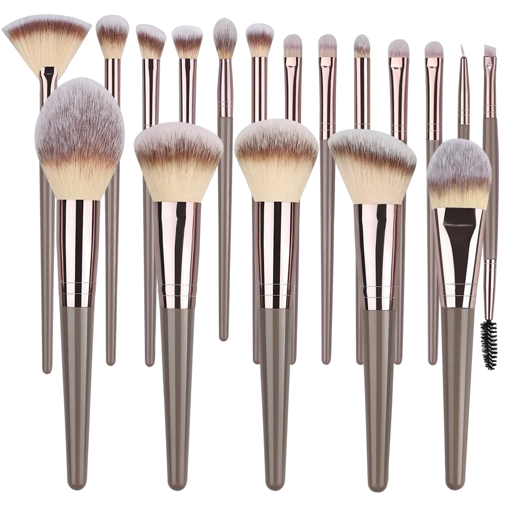 A collection of various makeup brushes with silver handles and natural hair bristles.