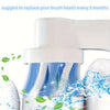 Close-up of replacement toothbrush heads for electric toothbrushes showing blue bristles and green leaves.