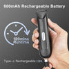 A hand holds a black rechargeable trimmer with a silver button, demonstrating its Type-c rechargeable feature.
