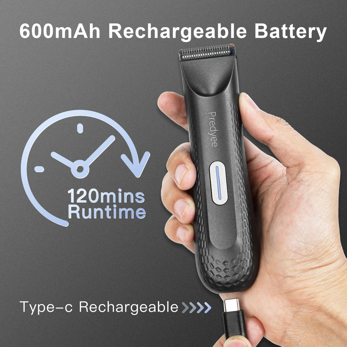 A hand holds a black rechargeable trimmer with a silver button, demonstrating its Type-c rechargeable feature.