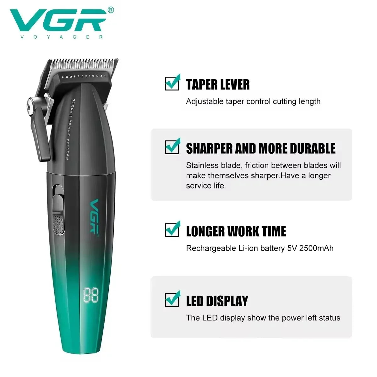 A black and green VGR professional cordless hair trimmer with a taper lever and LED display.