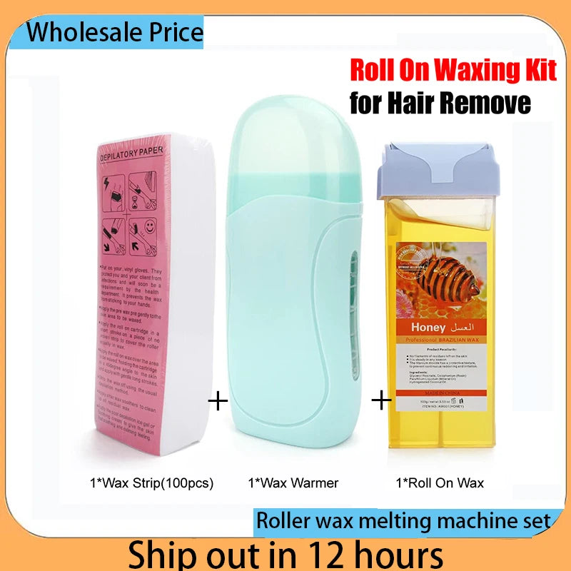 Wholesale Roll On Waxing Kit for Hair Removal showing a wax strip, a warmer, and a roll on wax bottle.