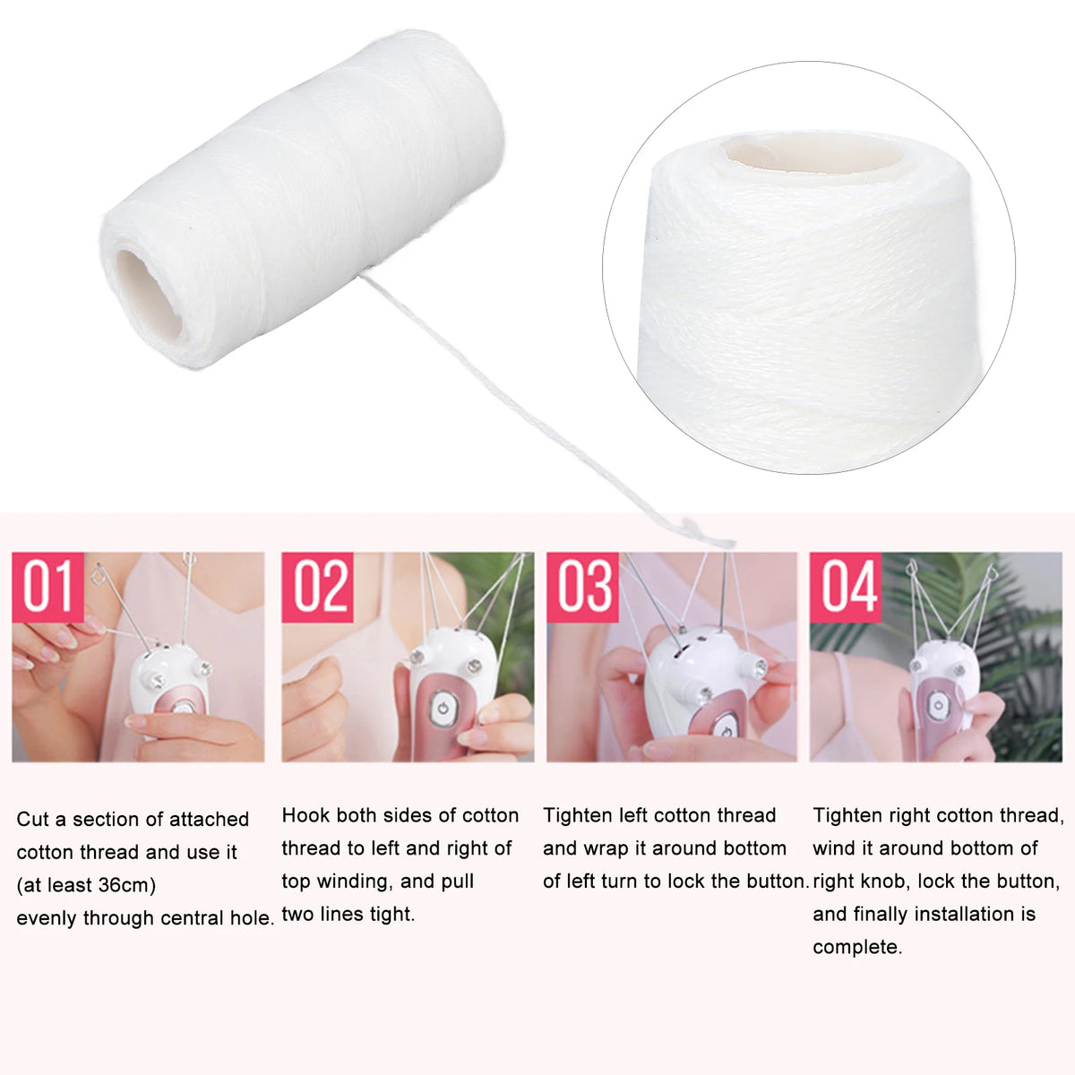 Roll of white cotton thread used for electric facial hair remover installation